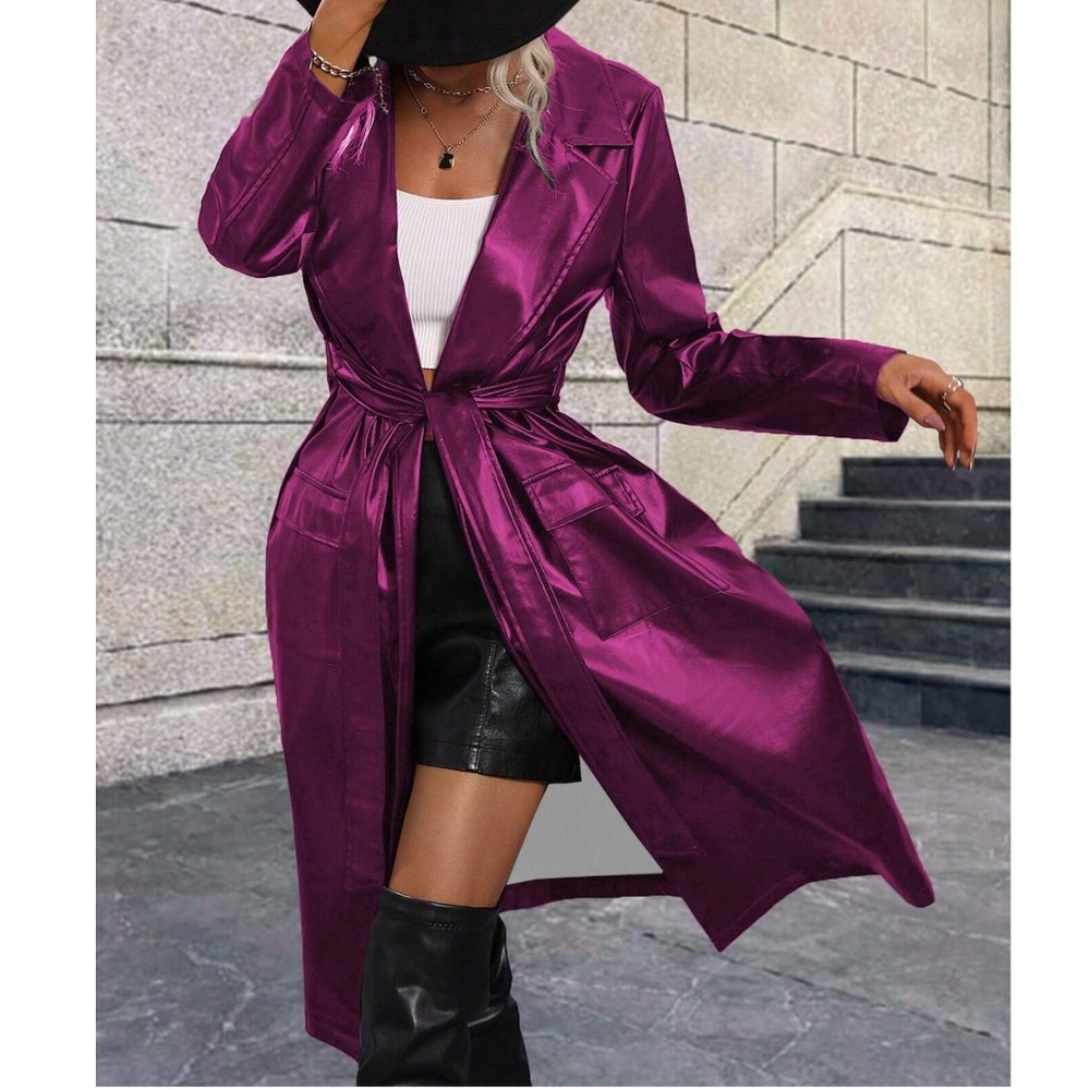Luxe Vegan Leather Belted Minimalist Trench Coat Jacket - Picture 3 of 8